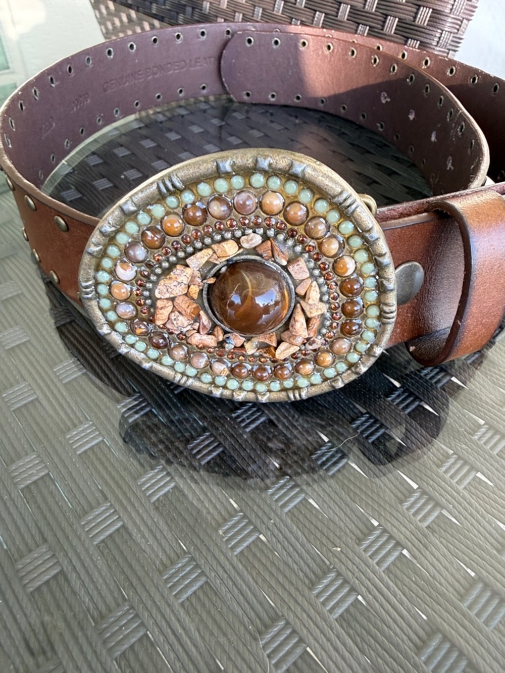 Solid Brass Back Women's Unisex Boho Agate Belt Buckle with Leather Belt SZ M.